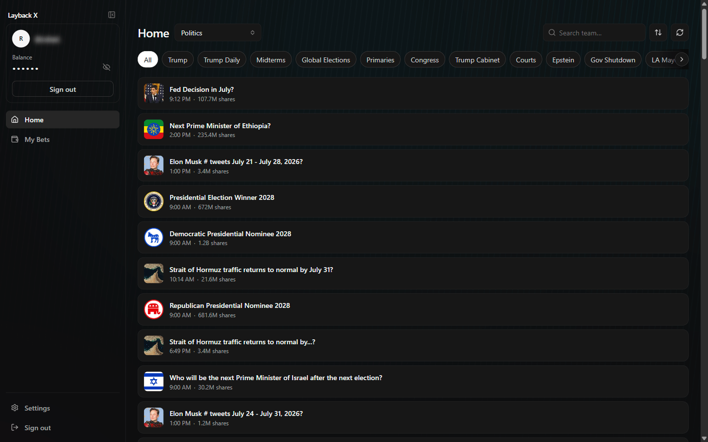 Layback X Home screen with the area selector, sub-area chips and the event list