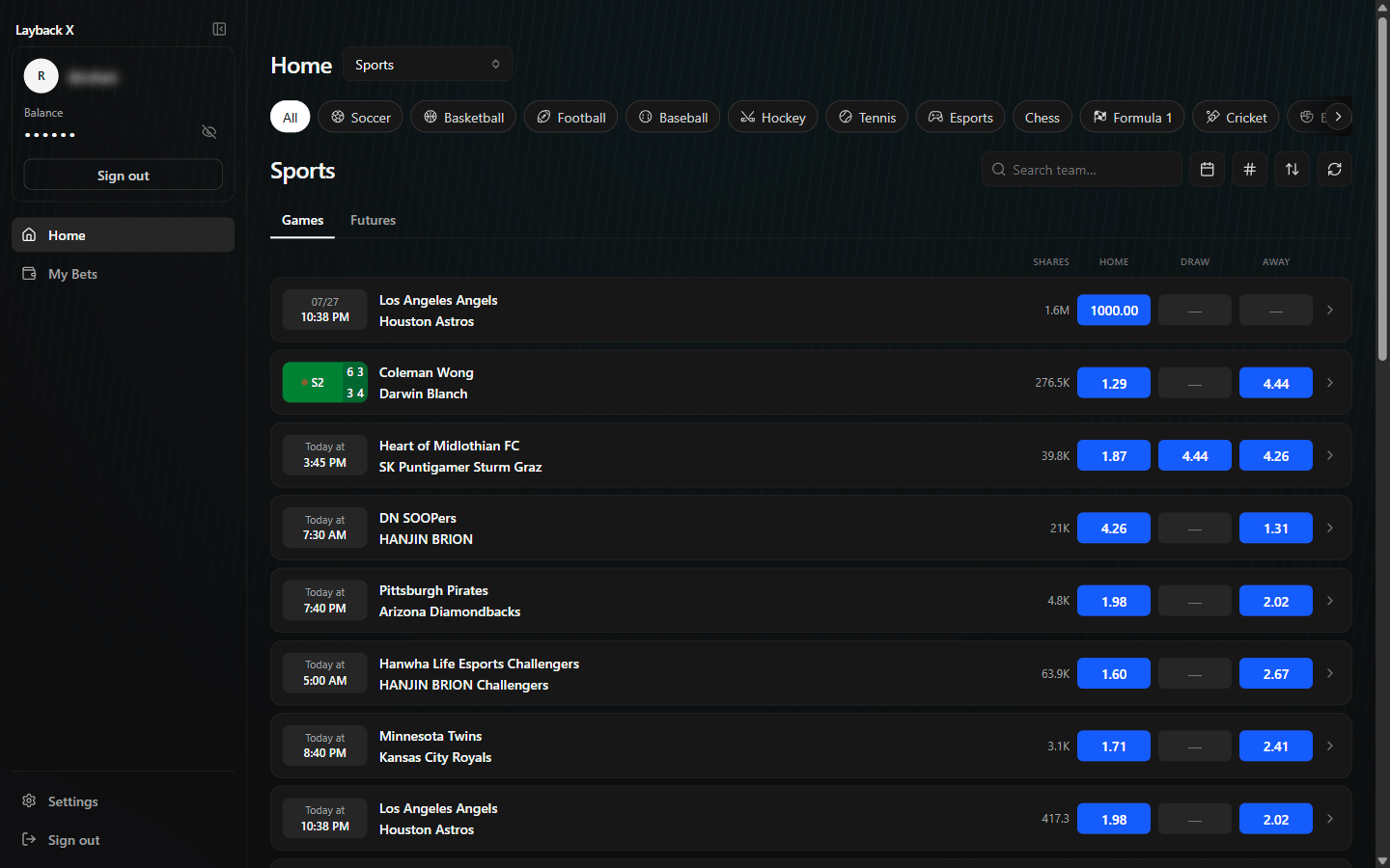 Layback X Games tab with the Home, Draw, Away and Contracts columns