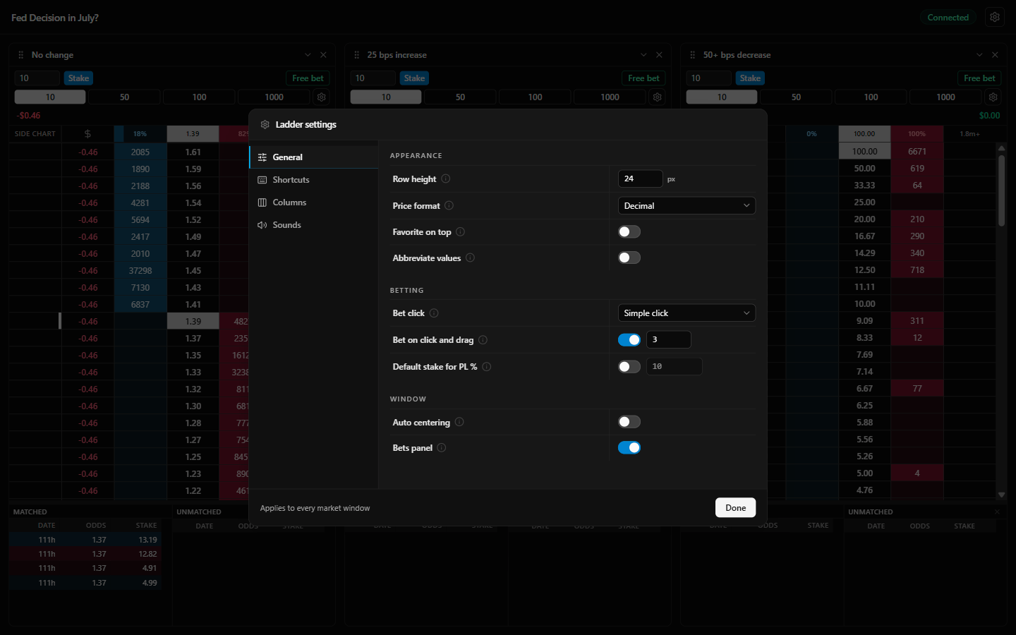 Layback X ladder settings, General tab