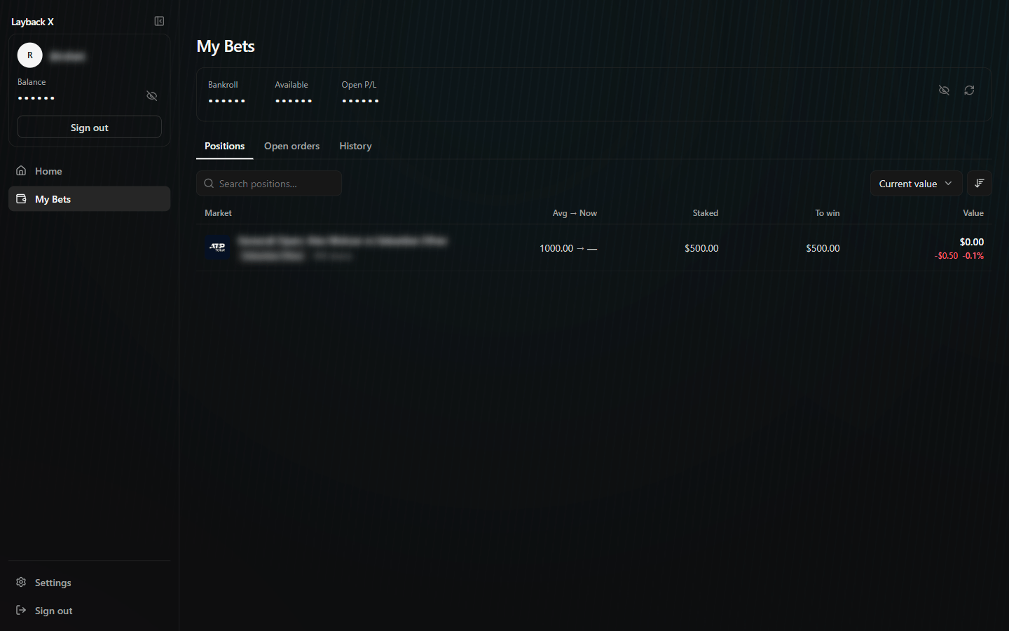Positions tab in My Bets, with bankroll, available and open P&L in the header