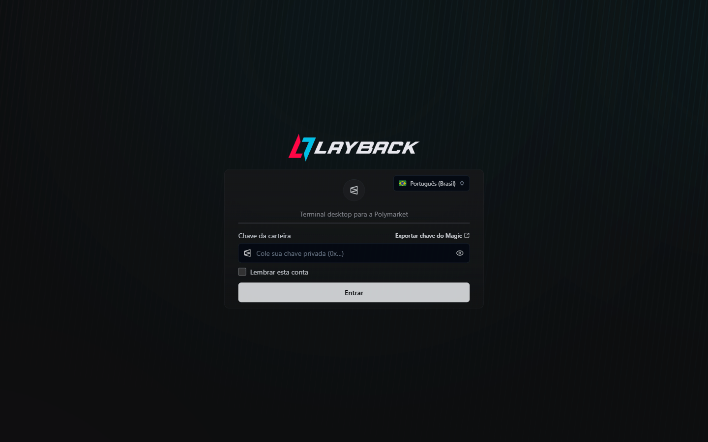 Tela de entrada do Layback X com o campo Chave da carteira e o link Exportar chave do Magic