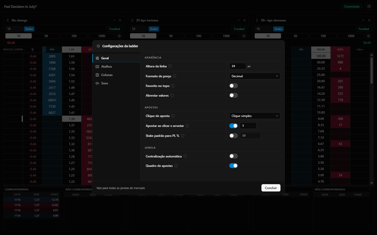 Configurações da ladder do Layback X, aba Geral