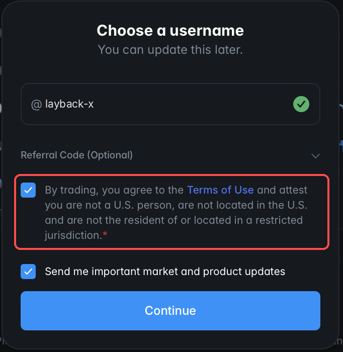 Username screen with the Terms of Use acceptance checkbox