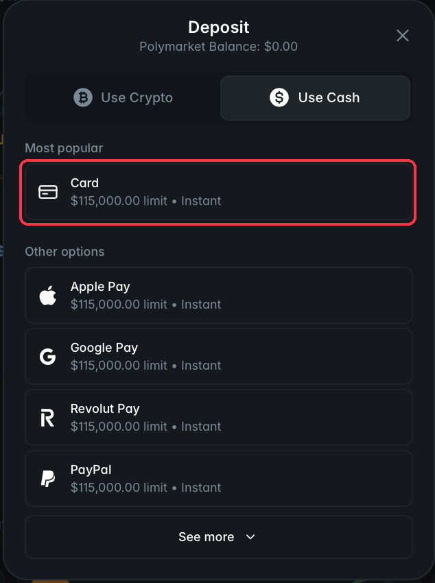Polymarket deposit dialog on the Use Cash tab, showing the payment options