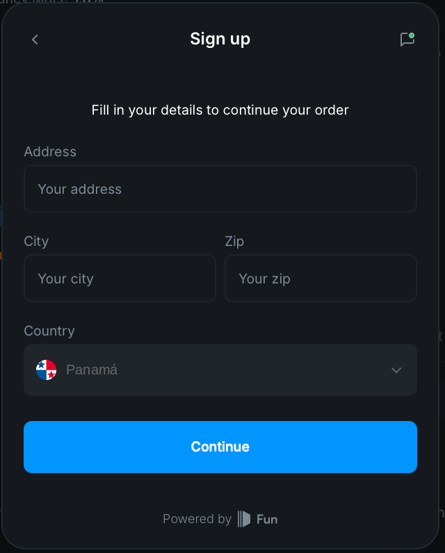 Screen asking for address, city, zip code and country