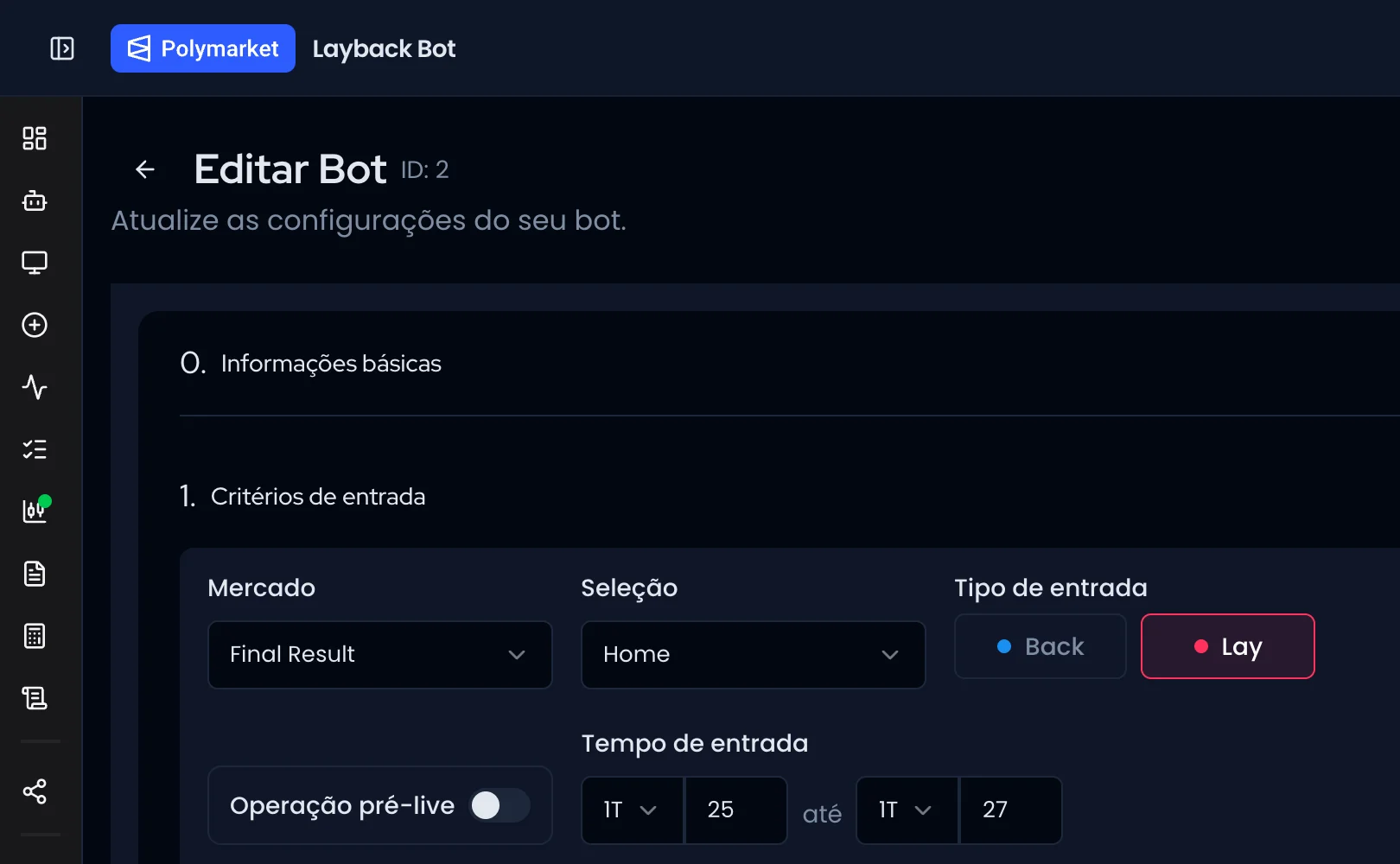 Formulário do Layback Bot na Polymarket: critérios de entrada de um bot